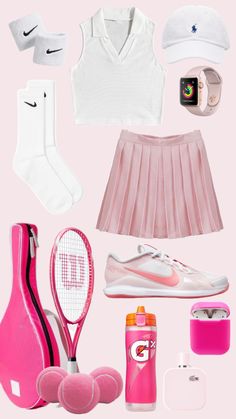 the contents of a tennis outfit are displayed on a pink background