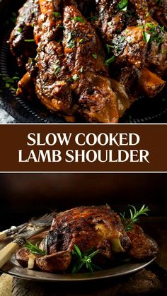 slow cooked lamb shoulder on a plate with rosemary garnish and text overlay