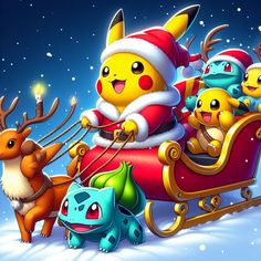 pikachu and friends are riding in a sleigh with santa claus on it