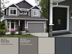 the front and side of a house with gray paint