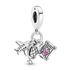 It’s time to pack your bags and add the Airplane, Globe & Suitcase Dangle Charm to your collection. 3 charms in 1, this sterling silver piece is every travel lover’s dream. Details include grooved windows on the airplane, longitude and latitude lines on the globe and a hand-applied pink enamel heart on the suitcase. Add this travel charm to your collection as a promise to plan future adventures or gift it to your globe-trotting BFF. Travel Sterling Silver Jewelry, Charms Pandora, Travel Charms, Bracelet Pandora, Pandora Bracelet Charms, Bracelet Diy, Pink Enamel, Pandora Bracelets, Dangle Charms