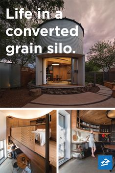 an advertisement for a converted grain silo with people sitting on the floor and inside