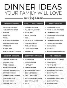 a printable dinner menu for families to enjoy and share with the family in their home