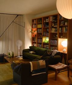 a living room filled with furniture and bookshelves next to a window covered in blinds