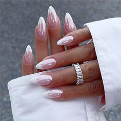 French Tips Fake Nails Medium Almond Press on Nails Chrome Press ons with Glossy Pearl Powder Full Cover Acrylic Nails Nails with Glue on False Nails for Women Nails Decoration 24 Pcs Fake Nails Long, Fake Nails With Glue, Nail Forms, Stick On Nails, Nailed It, Prom Nails, Nail Arts, Manicure E Pedicure, Chrome Nails