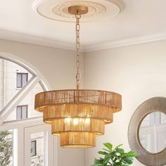 a chandelier hanging from the ceiling in a living room with a potted plant