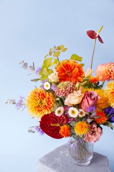 a vase filled with lots of colorful flowers on top of a cement block in front of a blue wall