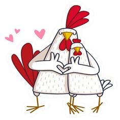 two chickens standing next to each other with hearts in the background