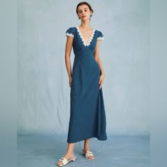 Color: Navy Material: 100% Polyester Details: - Ankle Length - Casual - High Waisted - Polyester - Ruched - Polka Dot - Deep V Neck - Cap Sleeve - Polka Dot - Lace Maxi Dress This V Neck Maxi Dress Is A Perfect Choice For Any Occasion. Its High Waisted And Slim Fit Accentuate Your Curves And Make You Feel Confident And Beautiful. The Ruched, Lace And Polka Dot Design Adds A Feminine Touch And Makes This Dress Perfect For Any Occasion. Whether You're Going Out On A Date Or Attending A Formal Even Polka Dot Dress With Lace Trim For Spring, Chic Polka Dot Dresses With Lace Trim, Fitted Polka Dot Dress With Lace Trim, V Neck Maxi Dress, Tailored Clothes, Ruched Maxi Dress, Maxi Dress Navy, Polka Dot Design, Dot Design