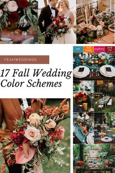 a collage of wedding color schemes with flowers and greenery in the center, an image of a bride and groom standing next to each other