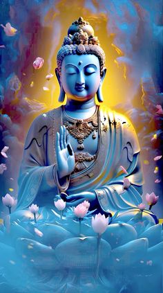 a buddha statue sitting on top of a blue and yellow background with pink flowers in the foreground