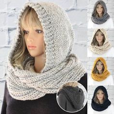 a woman wearing a knitted hood and scarf in multiple colors, with the hood pulled up