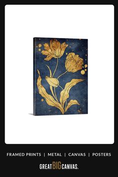 a blue and gold painting with flowers on it