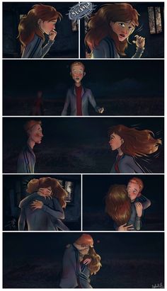 an animated scene shows two people hugging each other in the dark, with one person holding another