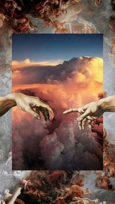 two hands reaching out to touch each other in front of an image of clouds and sky