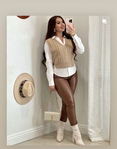 Chic Winter Date Night Outfit, Leather Pants And Boots Outfits, Date Night Pants Outfit, Warm Thanksgiving Outfit, State Fair Outfit Ideas Fall, Outfit Ideas With Leather Pants, Heel Boots Outfit, Brown Leather Pants Outfit, Christmas Outfit Ideas For Women Classy