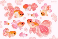 some pink and orange fish are in the air with flowers on it's back