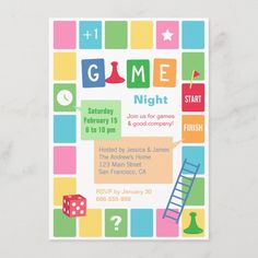 a colorful game night party with blocks, dices and a ladder on the front