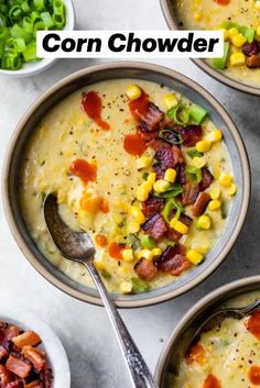 three bowls filled with corn and bacon soup