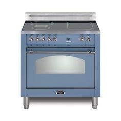 a blue stove top oven with two burners and one door on the front, against a white background