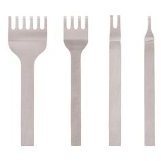 four forks and two knives are shown in this image, one is white the other is silver