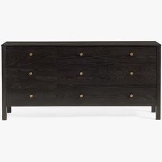 a black dresser with gold knobs on the top and bottom drawers, against a white background