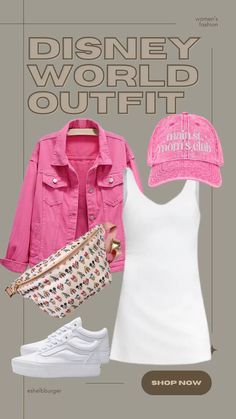 a woman's outfit and hat with the words disney world outlet written on it