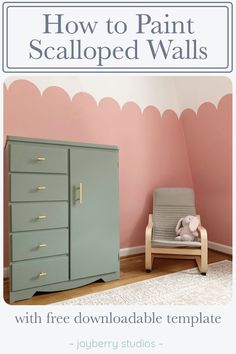 a baby's room with pink walls and green furniture, including a gray dresser