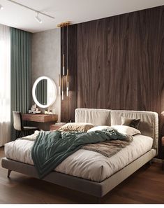 a bedroom with a large bed and wooden walls