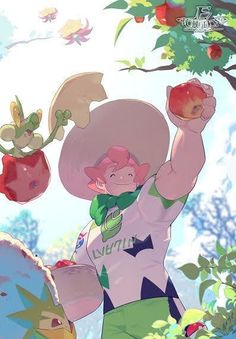 a cartoon character holding an apple in front of some fruit hanging from a tree branch