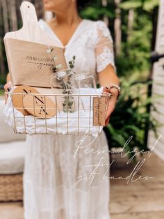 a woman holding a basket filled with gifts