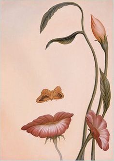 a painting of pink flowers and two butterflies on a light colored background, with green stems in the foreground