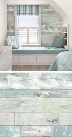 two pictures of a bedroom with white and blue wood paneling on the walls, one in