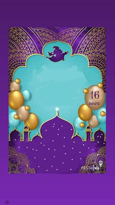 a purple and blue background with gold decorations on the bottom, and an ornate frame in the middle