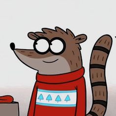 a cartoon raccoon wearing a red sweater and holding a box with something in it