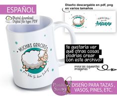 a white coffee mug with an image of a sheep on it and the words espanol