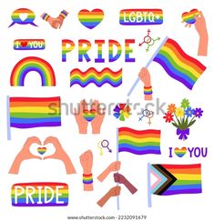 pride symbols and flags with hands making the shape of a heart, holding a flag