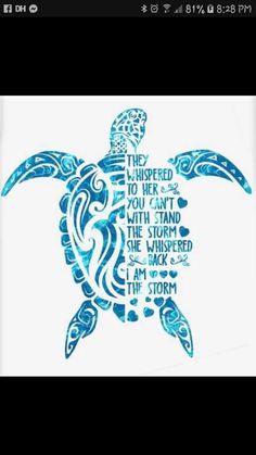 a blue turtle with the words i am storm written on it's back and an image of a sea turtle