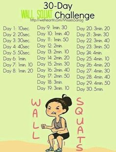 the 30 day wall squat challenge is shown with an image of a woman doing squat exercises