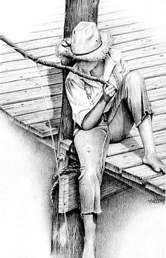 a drawing of a person sitting on a dock with a fishing pole in his hand