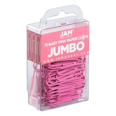 pink jumbo paper clips in a clear box