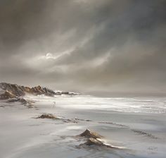 an oil painting of some mountains in the distance with snow on them and dark clouds overhead