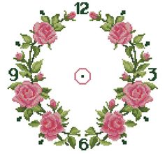 a cross stitch rose wreath with the number six in it's center surrounded by pink roses