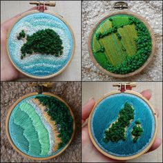 four pictures show the process of stitching trees and mountains in different stages of creation