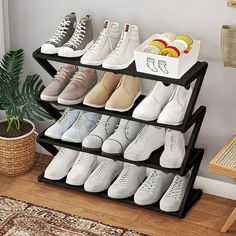 there are many pairs of shoes in the shoe rack on the floor next to a potted plant