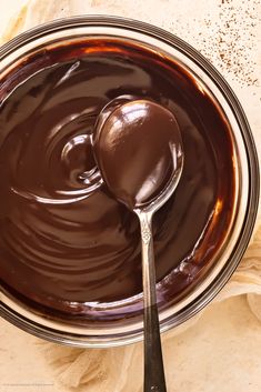 spoon with melted chocolate in bowl on table