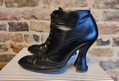 Victorian vibes ankle boots by discontinued shoe brand Blay. Black leather with wood effect curved heel. In preloved condition with original laces showing some fraying. Some signs of age and wear to upper and soles. In sturdyncondition with heel and sole still firmly attached. No marked size, but approximately size UK3. Witchy Shoes, Victorian Vibes, Pointed Boots, Victorian Goth, Point Lace, Vintage 1970s, Boot Shoes Women, Shoe Brands, Shoes Boots