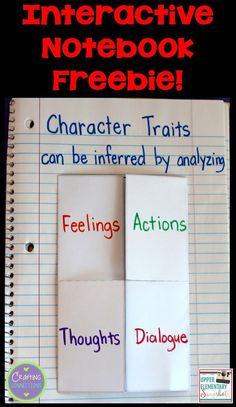 an interactive notebook with the words character texts can be intended by analyzing feelings and actions