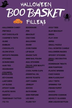 the halloween boo - basket fillers list is shown in purple with black and orange pumpkins