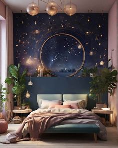 a bedroom with a large wall mural in the middle and a bed on the other side